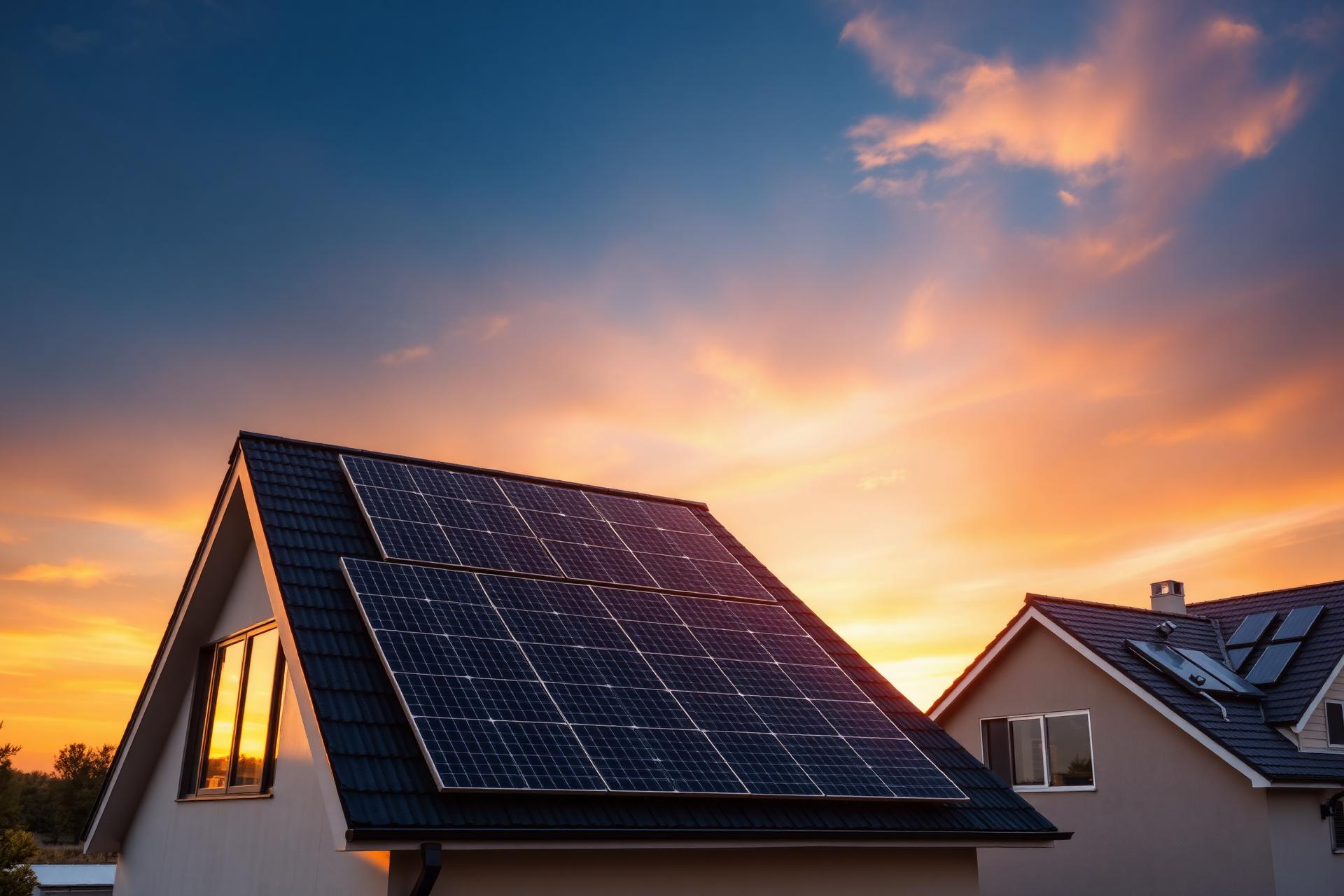 Casa com placas solares ao pôr do sol